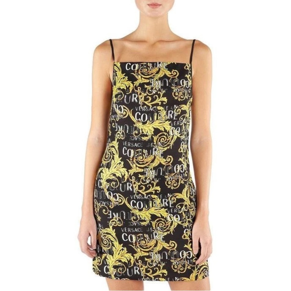Versace Jeans Collection Authentic New Black and Gold Logo Mini Dress